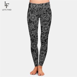 Leggings negros de cintura alta de talla grande para mujer a la moda con estampado de flores en 3D Leggings de seda de leche 211014