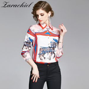 Moda mujer manga larga caballo impreso camisa Oficina damas cuello vuelto blusa de un solo pecho blusas elegantes de talla grande 210416