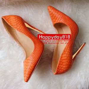Envío gratis Moda sexy dama mujer Naranja serpiente pitón punto punta zapatos tacones altos zapatos de tacón fino bombas cuero genuino 120 mm Tamaño grande