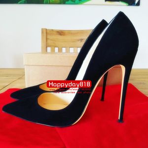 Envío gratis moda mujer bombas gamuza negra punta estrecha zapatos de tacones altos tacones altos para mujeres tacones de aguja bombas de diseñador 12 cm