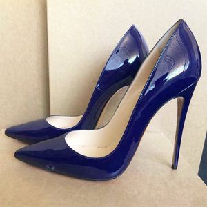 Moda libre mujeres bombas azul marino charol punta estrecha tacones altos sandalias zapatos botas novia boda bombas 120mm 100mm 8cm