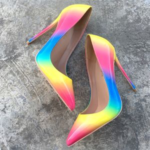 Envío gratis moda mujer bombas arco iris charol punta tacones altos zapatos de tacón fino cuero genuino 120mm 100mm foto real