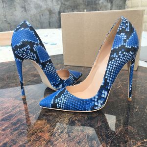 zapatos de mujer de moda azul pitón serpiente impreso cuero azul punta puntiaguda stiletto stripper Tacones altos Baile de noche bombas de gran tamaño 44 12 cm