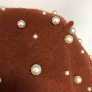Moda- Boina de lana roja para mujer Sombreros de boina de perlas de invierno Sombrero francés Femme Baret Cap Chica Boinas Señoras Otoño WH695