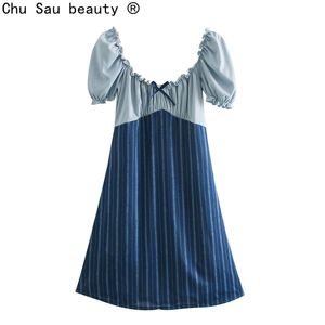 Fashion Femmes Arrivée French Retro Élégant Chic Blue Bownot Bowknot Bownot Sleeve Taille Minceur Robe Été 210508