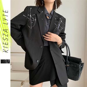 Mode femmes Blazer à manches longues niche Splash-encre imprimé décontracté noir français costume veste automne 210930