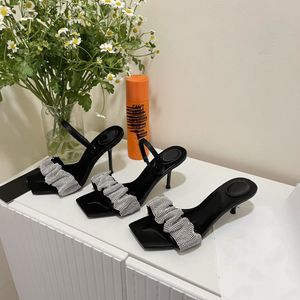 Fashion Women's Chunky Heel Sandals Diamond Slippers Luxury Designer Leather Summer Classic Beach Slippers 34-40