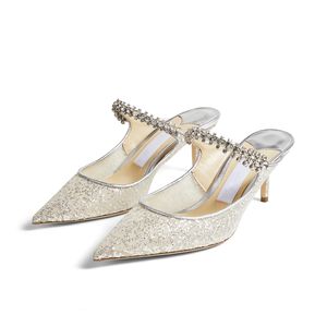Fashion Women Sandals pompes Bing 65 mm Mules en tulle étincelé Italie Sobrave de cheville en cristal délicaxe