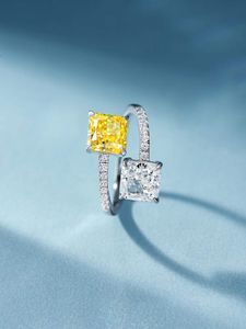 Mode femmes jaune pierre précieuse bague ouverte S925 en argent Sterling Double carré Zircon anneaux mariage fiançailles bijoux réglables