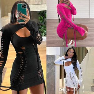 Femmes 2023 robes de créateurs nouvelle mode Sexy dos ouvert évider mini club robe à manches longues Cape ensemble