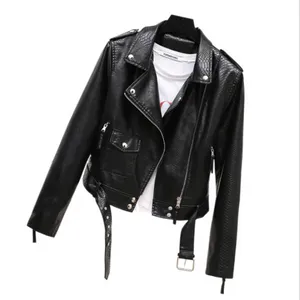 Veste en simili cuir noir pour femme, manteau imprimé serpent, fermeture éclair, col à revers, veste de moto avec pantalon à ceinture, mode printemps et automne