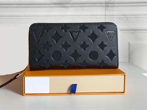 Cartera de moda para mujer con patrón de diamante negro 5A Carteras con cremallera de cuero con cremallera única para dama bolso clásico largo con caja naranja 60017