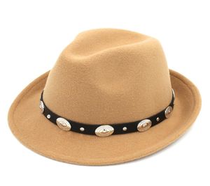 Moda mezcla de lana Fedora Trilby Cap hombres al aire libre mujeres gorra de gángster Jazz sombrero negro cuero Band2079339
