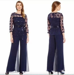 Plus Size Mother of the Bride Lace Pant Suit with Long Sleeves and Beads Ribbon