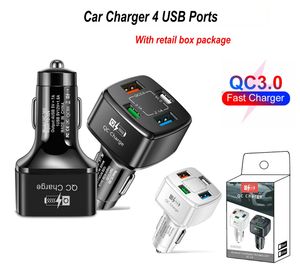 Cargadores de coche de carga rápida QC 3.0 4 puertos USB Adaptador de carga rápida para cargador de teléfono inteligente iPhone Samsung con paquete de caja al por menor