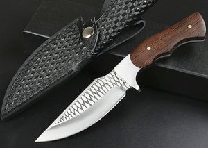 Envío rápido Cuchillo de caza recto 3Cr13Mov Punto de caída Satén + Hoja de patrón láser Cuchillos de mango de palisandro de espiga completa con funda de cuero