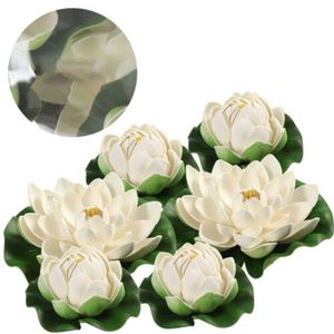 Faux Floral Greenery 6pcsset Blanco Artificial Lotus Plástico Plantas flotantes Lirio de agua Fake Lotus Flower Leaf Pond Gardens Home Fish Tank Decor x0806