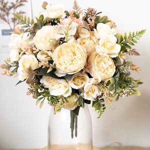 Faux Floral Greenery Seda Artificial Rose Flores Barato Otoño Decoración Blanco Boda Hogar Navidad Otoño Flor Falsa Ramo Artesanía Guirnalda Suministros J220906