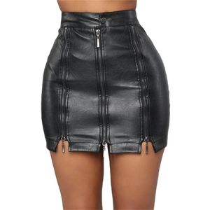 Faux PU Cuir Sexy Mini Jupes Femmes Plus Taille Taille Haute Taille Zipper Couture Noir Filles Serrées BSQ031 210619