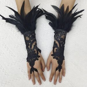 Guante de encaje con bordado de plumas, guantes sin dedos de encaje Punk gótico, pulsera para mujer, pulsera de Halloween, accesorios de fiesta