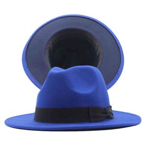 Fedora Royal blue fieltro jazz unisex fedoras fiesta de la iglesia fedora de dos tonos para mujeres y hombres sombrero de copa completo