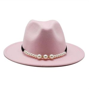 Fedora solide élégant perle ceinture boucle classique hiver femmes chapeaux rose fascinator mariage formel feutre chapeau femmes 2514