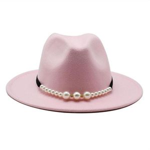 Fedora solide élégant perle ceinture boucle classique hiver femmes chapeaux rose fascinator mariage formel feutre chapeau femmes 3808294