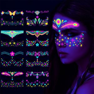 Fiesta del festival tatuajes fluorescentes mariposa de halloween pegatinas impermeables para la cara pegatinas de tatuaje de mascarada de neón temporal
