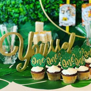 Fournitures de fête 10pcs Gold Wild One Cupcake Toppers Green Leaf Cake Topper Safari Animal Decor Baby Shower Boy Girl 1st Jungle Birthday