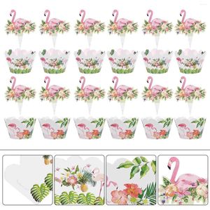 Fournitures de fête 24 pièces flamant rose gâteau insérer anniversaire Toppers fête Cupcake cuisson emballages bébé papier d'emballage bonbons Dessert chapeau