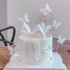 Suministros festivos Decoración de pasteles Diamante acrílico Mariposa de encaje blanco Letras de feliz cumpleaños Adornos para decoración de fiesta de bienvenida de bebé de boda