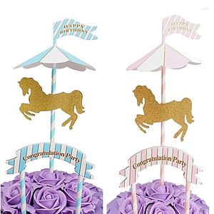 Suministros festivos Carrusel Cupcake Topper Glitter Horse Pink Blue Bautismo Género Revelar Fiesta de cumpleaños Baby Shower DIY Decoración de pasteles