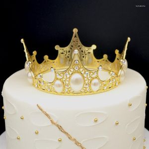 Fournitures de fête De Luxe En Métal Creux Brillant À La Main Gâteau Décor Enfants Fête D'anniversaire De Mariage Mini Or Argent Perle Couronne Topper