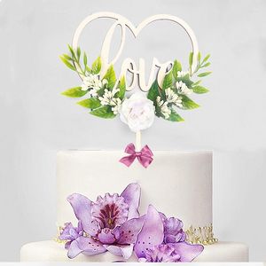 Suministros festivos Amor de madera Día de San Valentín CakeTopper Flower DIY Wedding Party Cake Toppers para decoración de postres Regalo de aniversario