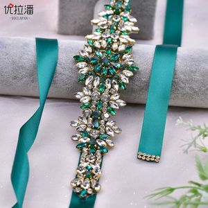 Fournitures festives Youlapan ceinture de mariée en diamant vert fait à la main strass perle bijoux robe de mariée couverture de taille en alliage diamant chaîne de taille S319