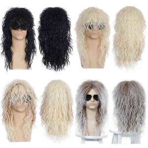 Fgy Hommes Cheveux Longs Bouclés Halloween Cosplay Perruque Synthétique Noir Or Marron Argent Blanc Punk Métal Rock Disco Mulet Moelleux 220622