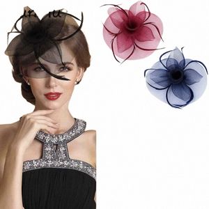 Fi hecho a mano Lady Women Fascinator Bow Clip para el cabello Headwear Lace Feather Mini Hat Wedding Party Accory Race 5 colores s7rW #