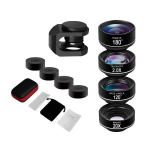Filtres Kit d'objectif de la caméra du téléphone 4 en 1 180 degrés FishEye Wide angle Lens 20X Macro Lens 2.0x téléobjectif pour iPhone Android Smartphone