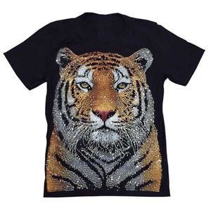 Finch Double Mercerized Cotton Tee 3D Printing Bling Tiger Graphic Rhingestone Tshirt For Mens