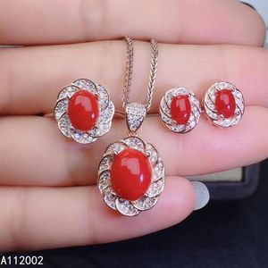 Beaux bijoux naturel rouge corail 925 en argent Sterling femmes pendentif boucles d'oreilles ensemble de bagues Support Test luxe beau Bracelet collier 243t