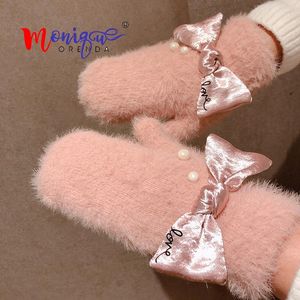 Guantes sin dedos elegantes y cálidos para mujer, sin dedos, encantadores, informales, suaves, de Cachemira, con lazo, guante de perlas, mitones para mujer, Luvas