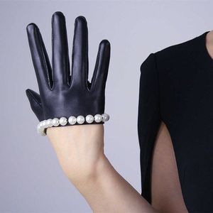 Guantes sin dedos Moda Mujer 13 cm Ultra Corto Negro Perla Pu Guantes de cuero Mujer Danza Discoteca Rendimiento Media palma Mitones cálidos H73 L221020