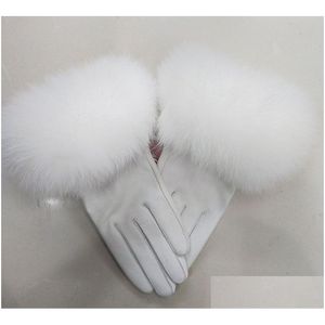 Gants sans doigts Gants sans doigts Femme De Luxe En Cuir Véritable Avec Manchette En Fourrure Femmes Chaud Hiver Véritable Dames Casual Chauffe-Mains 23080 Dhxu1