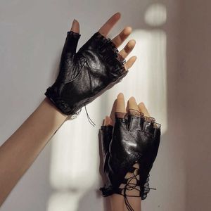 Fingerlose Handschuhe Neue Damen-Halbfinger-Handschuhe aus Schaffell, Leder, modisch, Spitze, warmer Samt, kühle Seide, Schwarz, Reiten, Fahren