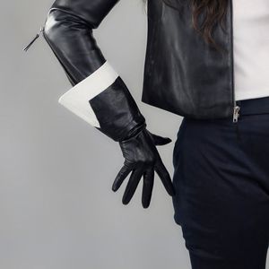 Guantes sin dedos Guantes de cuero real Mujer Pantalla táctil 38 cm Manga grande Puños anchos Negro Blanco Dos tonos Guantes de piel de oveja unisex Mujeres WZP65 221203