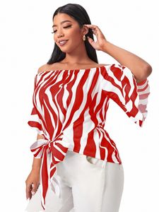 Finjani Blusa con panel rojo Cuello barril Mangas acampanadas Tops a rayas 2023 Blusas holgadas con cordones Elegantes de talla grande para mujer 951n #