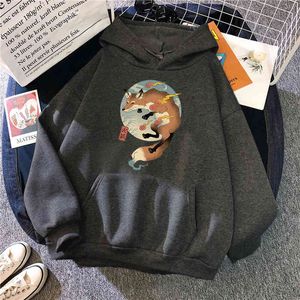 Sudaderas con capucha con estampado de Ukiyoe japonés de zorro de fuego para hombre y mujer, ropa informal suelta informal estilo Hip Hop, sudaderas cálidas de lana Vintage Harajuku H1227