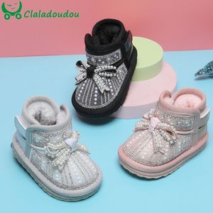 First Walkers 12155cm Petite Princesse Bottes De Neige Avec Peluche Épaisse Mignon Papillon Perles Bébé Filles Chaussures D'hiver Argent Bling Cheville Botte 230726