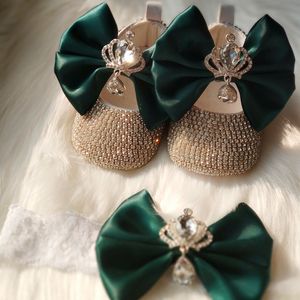 First Walkers Dollbling Emerald Crown Baby Cirb Shoes Green Bow Bandeau Set Bling Bebe Name Ballet 100 Day Ballerina Princess Girl First Wa 230331