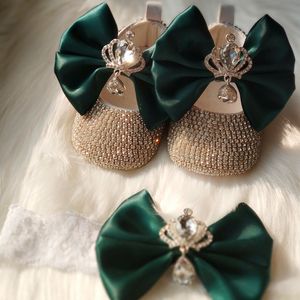 First Walkers Dollbling Emerald Crown Baby Cirb Shoes Green Bow Bandeau Set Bling Bebe Name Ballet 100 Day Ballerina Princess Girl First Wa 230620